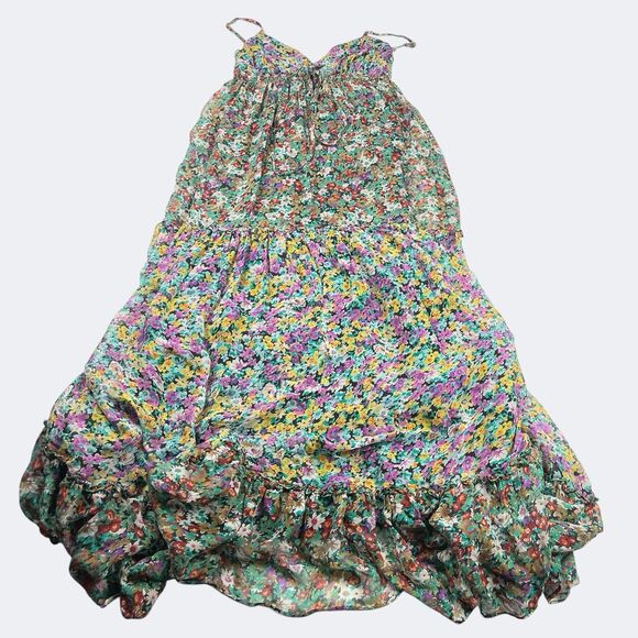 Miss Me Silk Maxi Dress M Boho Cottagecore Ruffle Spaghetti Strap Floral Flowy - Picture 1 of 10